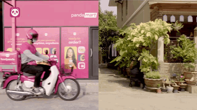 a man riding a motorcycle in front of a pandamart store