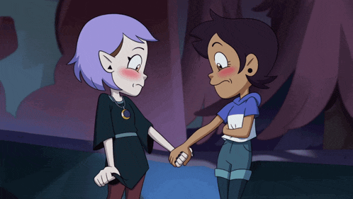 a couple of cartoon characters holding hands and one has a blush on her face