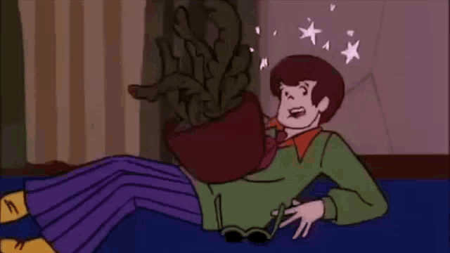 scooby doo is laying on the floor next to a potted plant with a star coming out of his head .