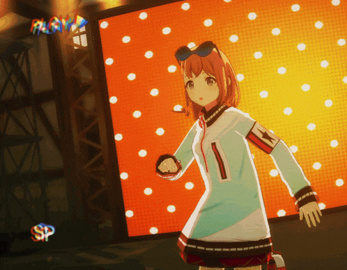 a girl in a blue shirt with the number 1 on it stands in front of a large screen