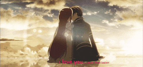 a picture of a man and a woman kissing with the words i love you more than bacon