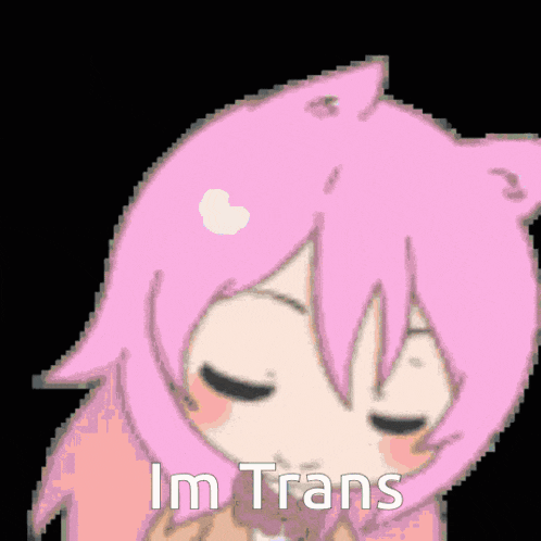 a cartoon girl with pink hair and cat ears says " im trans "