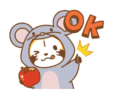 a cartoon of a mouse holding an apple with the word ok above it