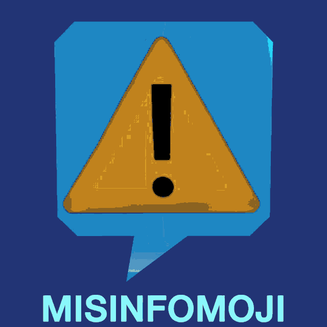 a yellow triangle with an exclamation point inside of a speech bubble with misinfomoji written underneath it
