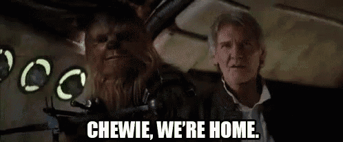 a man and a chewbacca from star wars are standing next to each other in a room .