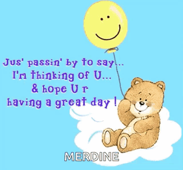 a teddy bear is sitting on a cloud holding a yellow balloon with a smiley face on it