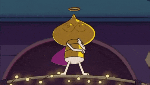 a cartoon character with a halo on his head is standing on a stage