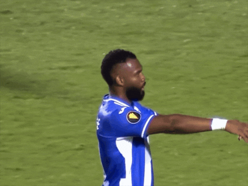 a soccer player wearing a blue and white striped jersey with the number 9 on it