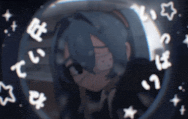 a girl with blue hair is surrounded by white stars and letters