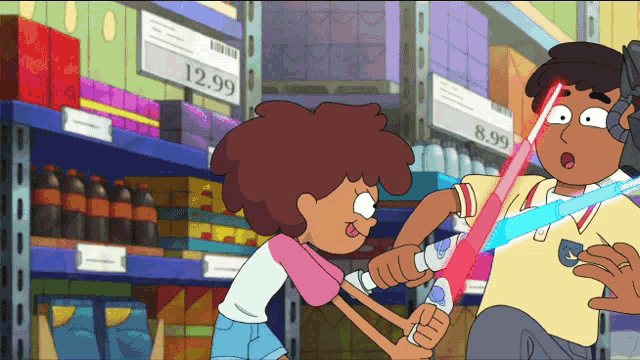 a cartoon of a girl holding a light saber in front of a sign that says 9.99