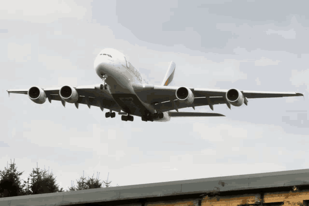 a large emirates airplane is flying over a roof