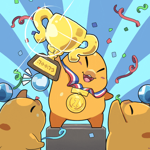 a cartoon character holding a trophy and a medal that says 1
