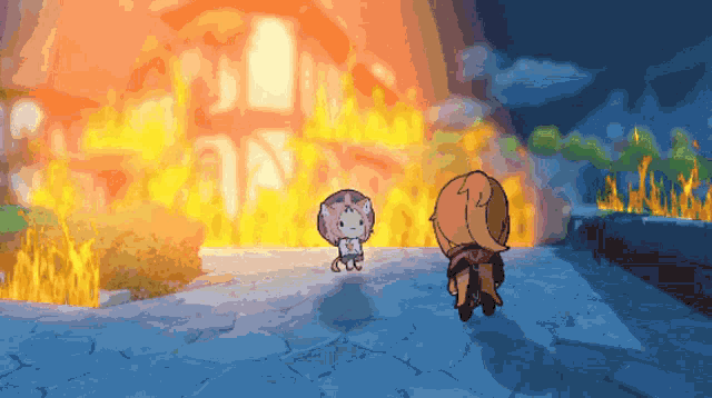 a cartoon drawing of a cat and a girl in front of a fire