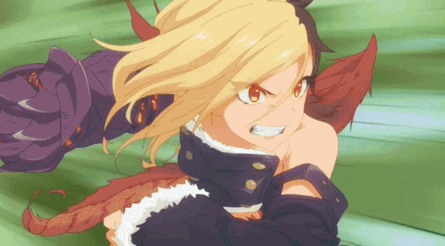 a girl with blonde hair and red eyes is wearing a black coat