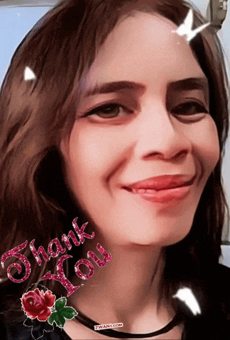 a woman 's face with the words thank you written on it
