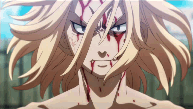 a blonde haired anime character with blood coming out of his face