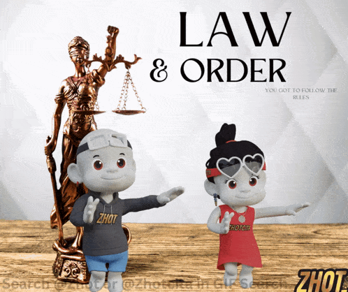 a poster that says law and order with a statue of lady justice
