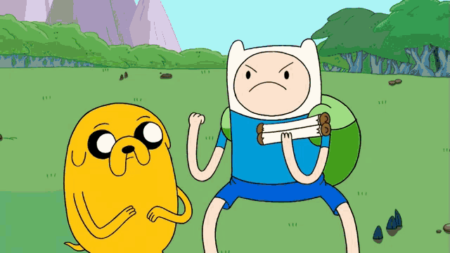 a cartoon character named finn is standing next to another character named jake
