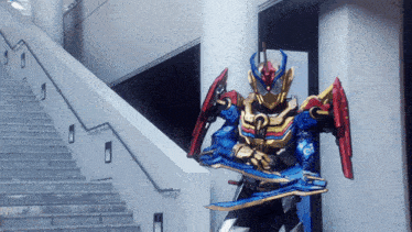 a robot is standing on a set of stairs with a sword in his hand