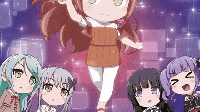 a group of anime girls are standing around a girl with a butterfly on her head