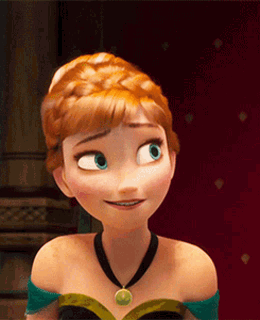 anna from frozen is wearing a green necklace