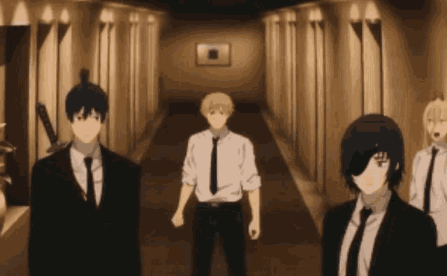 a group of anime characters are standing in a hallway