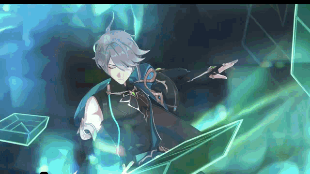 a blue haired anime character is holding a sword in his hand .