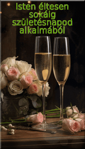 a greeting card with two glasses of champagne and flowers