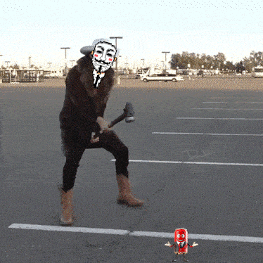 a pixelated image of a man wearing a mask holding a hammer