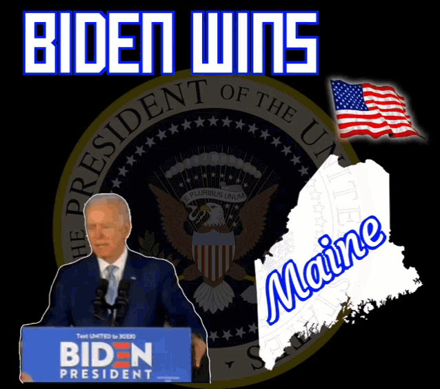 a biden poster shows him giving a speech in front of the seal of the president of the united states