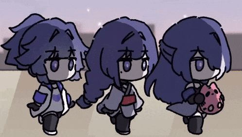 three cartoon characters with purple hair are walking and one is holding a dice