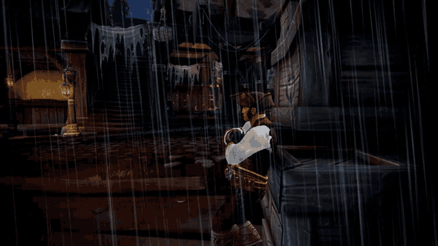 a cartoon character is standing in the rain holding a sword