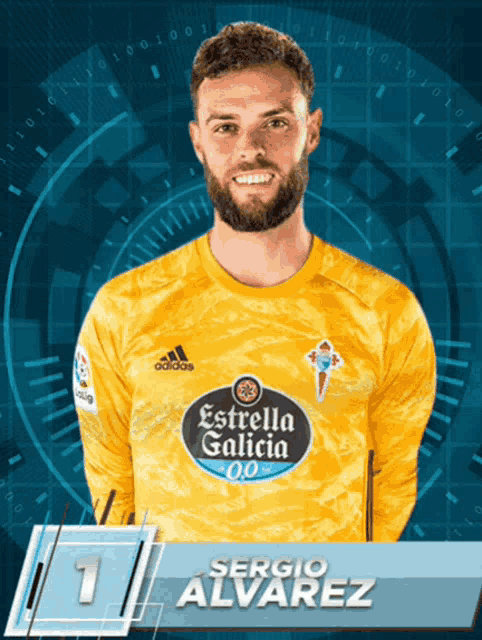 a man with a beard wearing a yellow adidas jersey