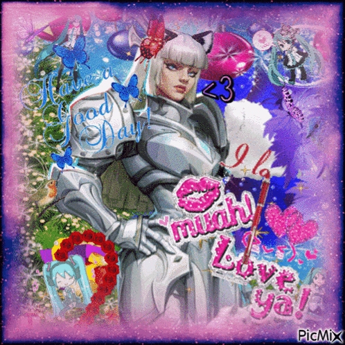 a picture of a woman in armor with a kiss on her lips and the words i love you