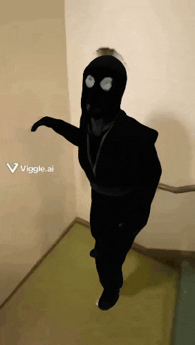 a person in a black costume is standing on a set of stairs with a viggle.ai icon