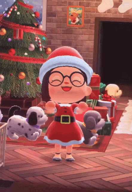 a girl in a santa outfit is holding a stuffed animal