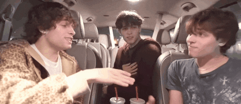 a group of young men are sitting in the back seat of a car