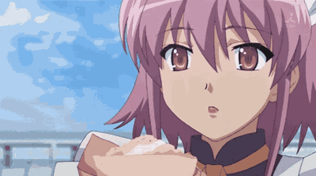 a girl with purple hair and red eyes is holding a sandwich