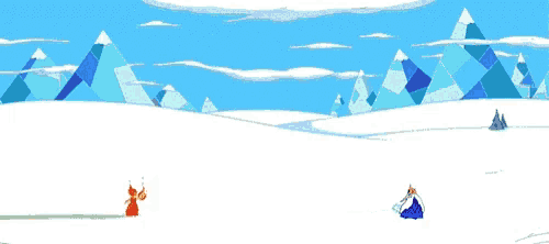 a snowy landscape with mountains in the background and two cartoon characters