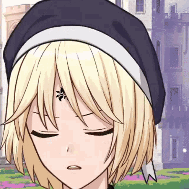 a close up of a blonde anime girl wearing a black hat and closed eyes