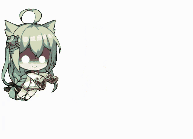 a little girl with green hair and cat ears is holding a teddy bear .