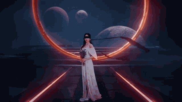 a woman in a white dress stands in front of an orange circle