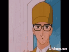 a cartoon man wearing glasses and a hat is smiling