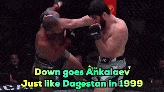 two men in a boxing ring with the words down goes ankalaev just like dagestan in 1999 on the bottom