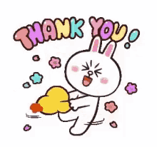 a cartoon rabbit is holding a yellow heart and saying thank you .