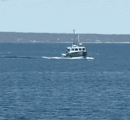 a small boat is floating in the ocean