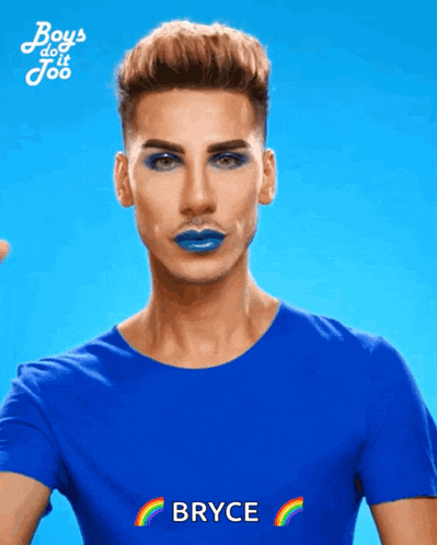 a man with blue lipstick and a blue shirt that says bryce on it