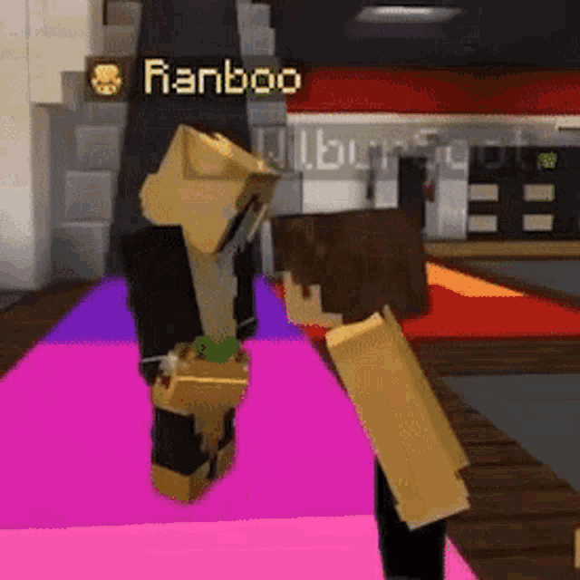 two minecraft characters are standing on a pink and purple carpet in a room .