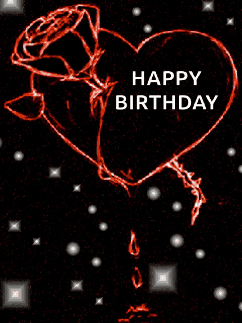 a happy birthday card with a red heart and rose