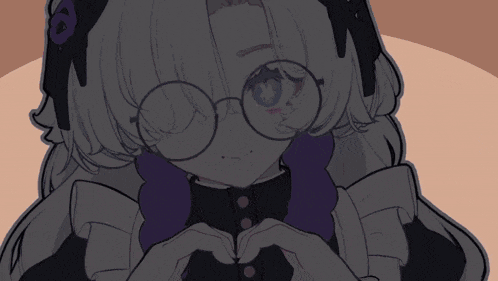 a girl with white hair and glasses is making a heart shape with her hands